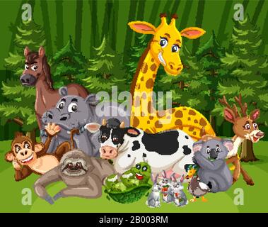 Scène avec de nombreux animaux sauvages dans la grande illustration de la forêt Illustration de Vecteur