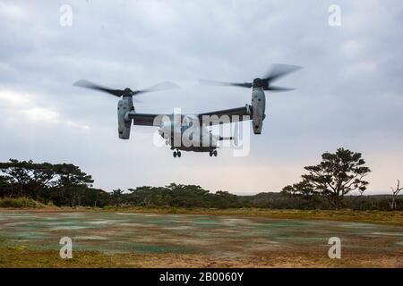 Camp GONSALVES, Okinawa, Japon (fév 10, 2020) un aéronef MV-22 B Osprey tiltrotor avec Escadron 265 de Tiltrotor de milieu marin (Renforcé), 31ème unité expéditionnaire maritime (MEU), transportant des marines avec la compagnie Bravo, équipe de Bataillon Landing, 1e Bataillon, 5ème marines, 31ème MEU, se prépare à atterrir. Le America Expeditionary Strike Group, 31 membres de l'équipe du MEU, opère dans la 7ème zone d'opérations de la flotte des États-Unis pour améliorer l'interopérabilité avec les alliés et les partenaires et servir de force d'intervention prête pour défendre la paix et la stabilité dans la région de l'Indo-Pacifique. (Photo marine officielle des États-Unis par le Cpl lance. Joshua B Banque D'Images