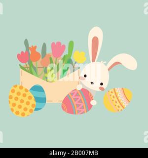 Joli lapin de pâques vectoriel. Enveloppe avec fleurs Illustration de Vecteur