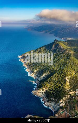 Vue aérienne, Punta de Sóller, Peninsula, Serra de Tramuntana, Sóller, Europe, Iles Baléares, Espagne, ES, España, vue panoramique, moun Banque D'Images