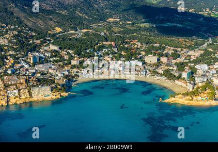 Vue aérienne, Playa Peguera, complexe hôtelier et plage, Paguera, Majorque, Europe, Iles Baléares, Espagne, Calvià, ES, Espana, complexe de loisirs Banque D'Images