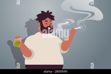 afro-américain de fumer joint de cannabis graisse rastaman tenant vert sec feuilles de marijuana écrasées dans sac plastique consommation de drogue concept portrait illustration horizontale de vecteur Illustration de Vecteur