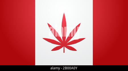 Drapeau du Canada avec légalisation du cannabis à feuilles de marijuana illustration horizontale à vecteur plat Illustration de Vecteur