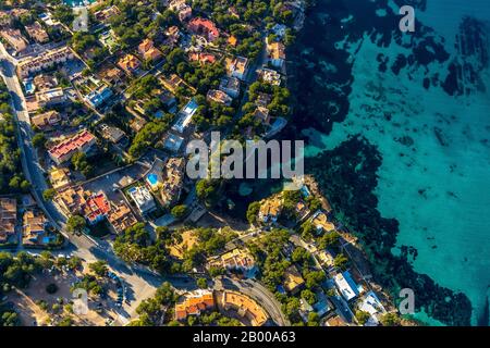 Vue aérienne, baie et plage Calo d'en Pellicer, Santa Ponsa, Calvià, Majorque, Espagne, Europe, Iles Baléares, Bay, ES, Espana, hôtel, Equipements de l'hôtel Banque D'Images