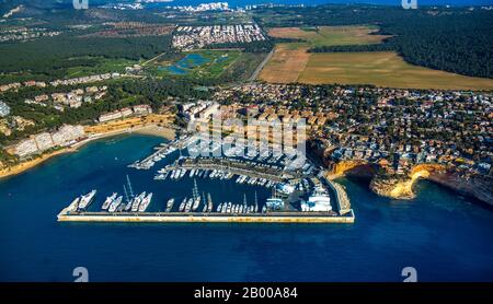 Vue aérienne, Port Adriano, port, El Toro, Europe, Iles Baléares, Espagne, Majorque, bateaux, quai de bateau, excursions en bateau, jetée, location de bateau, ES, Espana, Banque D'Images