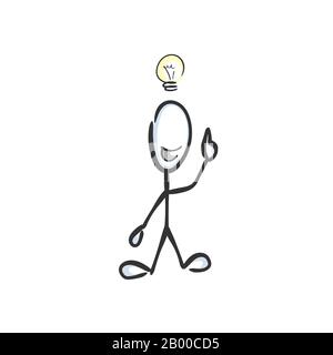 Excellente idée. Pensée Genius. Ampoule au-dessus de la tête. Tiré à la main. Dessin animé stickman. Esquisse Doodle, illustration graphique vectorielle Illustration de Vecteur