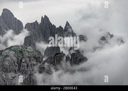 Aiguilles de roche, pics du Cadini di Meurina, montagnes couvertes de brouillard, Sesto Dolomites, Tyrol du Sud, Alto-Adige, Italie Banque D'Images