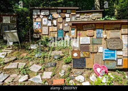 Comprimés votifs, Maria aida, Grotto de Marie dans la forêt, site de pèlerinage Maria Vesperbild, Ziemetshausen, Guenzburg, Swabia, Bavière, Allemagne Banque D'Images