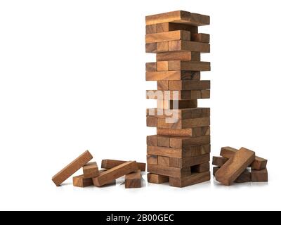 blocs bois jenga jeu isolé sur fond blanc Banque D'Images