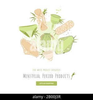 Kit plat de dessin animé vectoriel de la période menstruelle zéro déchet pour la catégorie de produit avec des produits écologiques - tampons Menstruels réutilisables, Chiffons, tasse Illustration de Vecteur