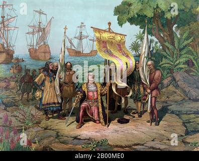 Italie: "Christophe Colomb (1451 – 1506) revendiquant le "Nouveau monde" pour l'Espagne". Chromolithographe publié en 1893. Christophe Colomb (c. 31 octobre 1451 – 20 mai 1506) était un navigateur, colonisateur et explorateur de Gênes, Italie, dont les voyages à travers l'océan Atlantique ont conduit à la sensibilisation européenne générale aux continents américains dans l'hémisphère occidental. Avec ses quatre voyages d'exploration et plusieurs tentatives pour établir un règlement sur l'île d'Hispaniola, tous financés par Isabella I de Castille, il a initié le processus de colonisation espagnole du 'Nouveau monde'. Banque D'Images