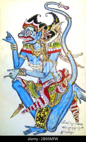 Indonésie : représentation du Dieu hindou Hanuman d'un manuscrit de Ramayana javanais. La déité hindoue Hanuman est un fervent dévot de Rama, un personnage central de l'épopée indienne Ramayana. Général parmi les vanaras, race de singe des habitants des forêts, Hanuman est une incarnation du divin et disciple du Seigneur Sri Rama dans la lutte contre le démon roi Ravana. Le Ramayana est une épopée sanskrit ancienne. Il est attribué à la sauge hindoue Valmiki et forme une partie importante du canon hindou, considéré comme étant basé sur des événements historiques Banque D'Images