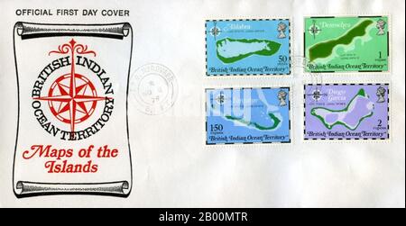 BIOT (territoire britannique de l'océan Indien) : couverture DU premier jour DE BIOT. Le territoire britannique de l'océan Indien (BIOT) ou les îles Chagos (anciennement les îles pétrolières) est un territoire d'outre-mer du Royaume-Uni situé dans l'océan Indien, à mi-chemin entre l'Afrique et l'Indonésie. Le territoire comprend un groupe de sept atolls comprenant plus de 60 îles individuelles, situées à environ 500 kilomètres (310 mi) au sud de l'archipel des Maldives. La plus grande île est Diego Garcia (zone 44 km carré), site d'une installation militaire conjointe du Royaume-Uni et des États-Unis. Banque D'Images