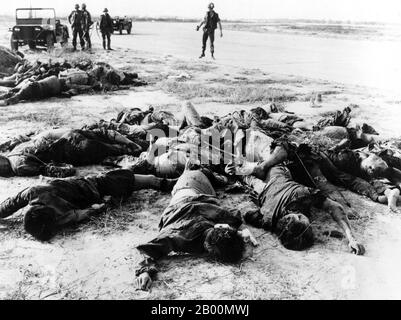 Vietnam: Corps des guérilleros morts du NLF (Viet Cong) empilés à l'aéroport de Tan son Nhat, Saigon, février 1968. L'offensive de Tet a été une campagne militaire pendant la seconde guerre d'Indochine qui a commencé le 31 janvier 1968. Les forces du Front national de libération du Sud-Vietnam (NLF, ou Viet Cong) et l'Armée populaire du Vietnam (l'armée nord-vietnamienne) ont combattu les forces de la République du Vietnam (Sud-Vietnam), des États-Unis et de leurs alliés. Banque D'Images