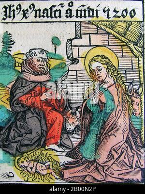 Allemagne: 'La naissance de Jésus'. The Nuremberg Chronicle, par Hartmann Schedel (1440-1514), 1493. La chronique de Nuremberg est une histoire du monde illustrée. Sa structure suit l'histoire de l'histoire humaine telle qu'elle est liée dans la Bible; elle comprend l'histoire d'un certain nombre de villes occidentales importantes. Écrit en latin par Hartmann Schedel, avec une version en allemand de Georg Alt, il est apparu en 1493. Il s'agit de l'un des livres imprimés les mieux documentés. Il est classé comme un incunabulum, un livre, une brochure ou un grand format qui a été imprimé (non manuscrit) avant l'année 1501 en Europe. Banque D'Images