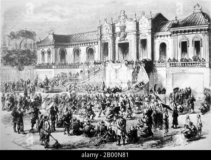 Chine : pillage du Yuan Ming Yuan (ancien palais d'été), Pékin, par les forces anglo-françaises en 1860. Illustration par Godefroy Durand (1832-1860), 22 décembre 1860. La deuxième guerre de l’opium, la deuxième guerre anglo-chinoise, la deuxième guerre de Chine, la guerre Arrow ou l’expédition anglo-française en Chine, fut une guerre opposant l’Empire britannique et le deuxième Empire français à la dynastie Qing de Chine, qui s’est tenue de 1856 à 1860. Banque D'Images