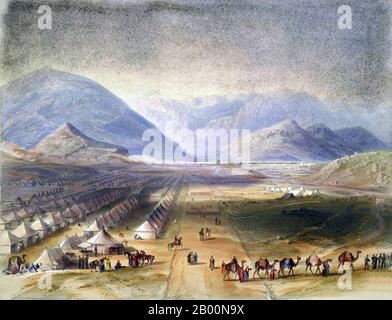 Afghanistan : le campement de l'armée britannique de Kandahar avant Kaboul, première guerre anglo-afghane (1839-1842). Plaque lithographique 5 de 'Afghaunistan' par James Rattray (1818-1854), c. 1839-1842. La première guerre anglo-afghane a été menée entre l'Inde britannique et l'Afghanistan de 1839 à 1842. Il a été l'un des premiers conflits majeurs pendant le Grand jeu, la compétition pour le pouvoir et l'influence du XIXe siècle en Asie centrale entre le Royaume-Uni et la Russie, et a également marqué l'un des pires revers infligés à la puissance britannique dans la région après la consolidation de l'empire britannique. Banque D'Images