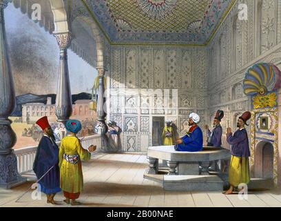 Afghanistan: 'Intérieur du palais de Shauh Shujah ool Moolk, feu roi de Caubul'. Plaque lithographique 3 de 'Afghaunistan' par James Rattray (1818-1854), 1848. Shuja Shah Durrani (aussi connu sous le nom de Shah Shujah, Shoja Shah, Shujah al-Mulk) (c. Du 4 novembre 1785 au 5 avril 1842) fut le souverain de l'Empire Durrani de 1803 à 1809. Il régna ensuite de 1839 jusqu'à sa mort en 1842. Shuja Shah était de la ligne de Sadozai du groupe Abdali de Pashtuns. Il est devenu le cinquième émir d'Afghanistan. Banque D'Images