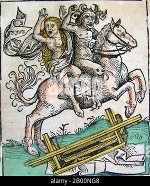 Allemagne: 'Le diable et une femme à cheval'. The Nuremberg Chronicle, par Hartmann Schedel (1440-1514), 1493. La chronique de Nuremberg est une histoire du monde illustrée. Sa structure suit l'histoire de l'histoire humaine telle qu'elle est liée dans la Bible, y compris l'histoire d'un certain nombre de villes occidentales importantes. Écrit en latin par Hartmann Schedel, avec une version en allemand de Georg Alt, il est apparu en 1493. Il s'agit de l'un des livres imprimés les mieux documentés. Il est classé comme un incunabulum, un livre, une brochure ou un grand format qui a été imprimé (non manuscrit) avant l'année 1501. Banque D'Images