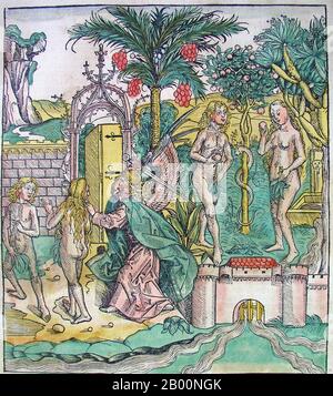 Allemagne: "Expulsion du jardin d'Eden". The Nuremberg Chronicle, par Hartmann Schedel (1440-1514), 1493. La chronique de Nuremberg est une histoire du monde illustrée. Sa structure suit l'histoire de l'histoire humaine telle qu'elle est liée dans la Bible, y compris l'histoire d'un certain nombre de villes occidentales importantes. Écrit en latin par Hartmann Schedel, avec une version en allemand de Georg Alt, il est apparu en 1493. Il s'agit de l'un des livres imprimés les mieux documentés. Il est classé comme un incunabulum, un livre, une brochure ou un grand format qui a été imprimé (non manuscrit) avant l'année 1501. Banque D'Images