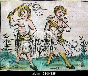 Allemagne: 'Flagellants'. The Nuremberg Chronicle, par Hartmann Schedel (1440-1514), 1493. La chronique de Nuremberg est une histoire du monde illustrée. Sa structure suit l'histoire de l'histoire humaine telle qu'elle est liée dans la Bible, y compris l'histoire d'un certain nombre de villes occidentales importantes. Écrit en latin par Hartmann Schedel, avec une version en allemand de Georg Alt, il est apparu en 1493. Il s'agit de l'un des livres imprimés les mieux documentés. Il est classé comme un incunabulum, un livre, une brochure ou un grand format qui a été imprimé (non manuscrit) avant l'année 1501 en Europe. Banque D'Images