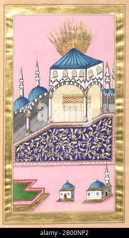 Turquie: Un folio illuminé représentant "le Dôme du Rocher ou Qubbat AS-Sakrahm Jérusalem ou Al-Qods", d'un kitabi ottoman dua ou "livre de prière" de Hasan Rashid (Istanbul, 1845), autrefois propriété d'une dame de harem de Topkapi. Le terme arabe «du» est généralement traduit en anglais par «prière», bien qu’il soit plus exact de le faire. Le terme est dérivé d'un mot arabe signifiant « appeler » ou « faire », et les musulmans le considèrent comme un acte de culte profond. C'est quand les musulmans se connectent avec Dieu et lui demandent pardon ou appel pour sa faveur. Banque D'Images