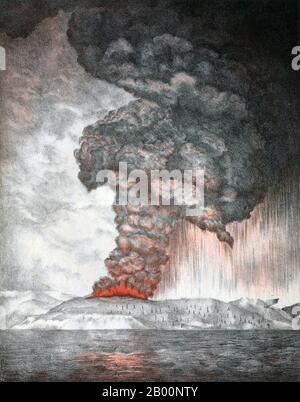 Indonésie : lithographie de couleur de l'éruption du volcan Krakatoa (Krakatau) en 1883, Parker & Coward, 1888. 27 mai 1883: Des nuages s'enversant du volcan Krakatoa (alias Krakatau ou Rakata) dans le sud-ouest de l'Indonésie pendant les premières étapes de l'éruption qui a finalement détruit la plupart de l'île. Rapport de la Société royale sur l'éruption de Krakatoa - pub. 1888 Lithographie - Parker & Coward. Banque D'Images