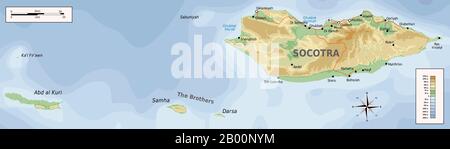 Yémen: Carte de l'archipel de Socotra (îles Suqutra). Par Oona Räisänen (CC BY-sa 4.0). Socotra, ou Soqotra, est un petit archipel de quatre îles dans l'océan Indien. La plus grande île, également appelée Socotra, représente environ 95% de la masse terrestre de l'archipel. Il se trouve à environ 240 km (150 mi) à l'est de la Corne de l'Afrique et à 380 km (240 mi) au sud de la péninsule arabique. Elle est très isolée et, grâce au processus de spéciation, un tiers de sa vie végétale n'est trouvé nulle part ailleurs sur la planète. Il a été décrit comme l'endroit le plus extraterrestre sur Terre. Socotra fait partie de la République du Yémen. Banque D'Images