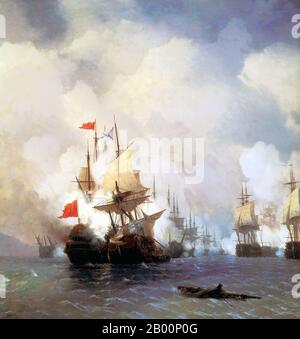 Turquie/Russie: 'Bataille de Chios 24 juin 1770'. Peinture huile sur toile par Ivan Aivazovsky (1817-1900), 1848. Ce tableau illustre le duel entre le navire amiral turc Mustafa et le navire de l’amiral russe Spiridov Svyatoy Evstafiy (68). Au cours de l'embarquement, les débris brûlants du navire turc ont incendié le navire amiral russe et a rapidement explosé. L'amiral russe a échappé à l'explosion quelques minutes auparavant. Dix minutes plus tard, le vrai Mustafa explosa aussi. L'escadron turc s'est retiré dans la baie de Chesma pour y être détruit dans les deux jours suivants pendant la bataille de Chesma. Banque D'Images