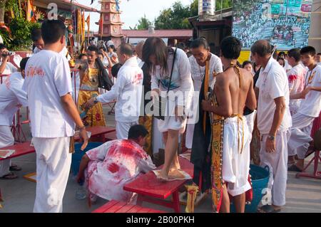 Thaïlande : la cérémonie 'traverser le pont' à San Chao Bang Niew (temple taoïste chinois), Festival végétarien de Phuket, est un rituel de purification. Le Festival végétarien est un festival religieux qui a lieu chaque année sur l'île de Phuket dans le sud de la Thaïlande. Il attire des foules de spectateurs en raison de la plupart des rituels religieux inhabituels qui sont effectués. Beaucoup de dévots religieux se coupent avec des épées, perdent leurs joues avec des objets pointus et commettent d'autres actes douloureux. Banque D'Images