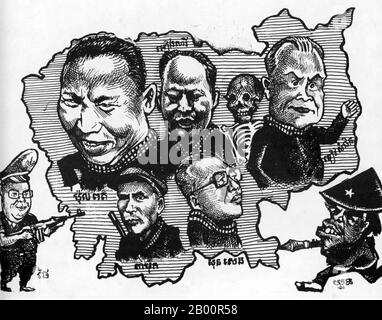 Cambodge: Dessin de 1994 des dirigeants Khmers rouges dont Pol Pot, Ieng Sary, Khieu Samphan, Ta Mok et son Sene. Caricature d'un journal khmer: La direction du Parti communiste survivant du Kampuchea en 1994, y compris (dans le sens des aiguilles d'une montre à partir de la gauche) Pol Pot, Ieng Sary, Khieu Samphan, Ta Mok et son Sena. Parmi les menaces extérieures, on comptait un soldat néandertal 'Yuon' (vietnamien) avec un RPG-7 et un soldat thaïlandais assez insipide facilement identifiable comme le général Chavalit Yongchaiyudh. Banque D'Images