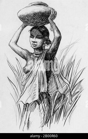 Sri Lanka : une jeune femme portant une bouilloire sur sa tête. Dessin noir et blanc de Tavik Frantisek Simon (1877-1942), 1929 Sri Lanka a toujours été un port et un poste commercial importants dans le monde ancien, et est de plus en plus fréquenté par des navires marchands du Moyen-Orient, de la Perse, de la Birmanie, de la Thaïlande, de la Malaisie, de l'Indonésie et d'autres parties de l'Asie du Sud-est. Les îles étaient connues des premiers explorateurs européens d'Asie du Sud et installées par de nombreux groupes de marchands arabes et malais. Banque D'Images