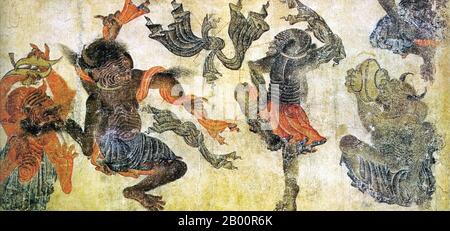 Asie centrale: École de Siyah Kalem, XVe siècle: Danse des démons. Siyah Kalem ou 'Black Pen' est le nom donné à l'école de peinture du XVe siècle attribuée à Mehmed Siyah Kalem. Rien n’est connu de sa vie, mais son travail indique qu’il était d’origine turque en Asie centrale et qu’il connaissait parfaitement la vie militaire et de camp. Les tableaux apparaissent dans les albums du Conquérant, ainsi nommés parce que deux portraits du Sultan Mehmed II le Conquérant sont présents dans l'un d'eux. Les albums sont composés de miniatures tirées de manuscrits des XIVe, XVe et du début du XVIe siècle. Banque D'Images