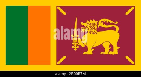 Sri Lanka : drapeau de Ceylan entre 1951 et 1972. Le drapeau du Sri Lanka, également appelé drapeau du lion, se compose d'un lion d'or, tenant une épée dans sa patte avant droite, devant un fond cramoisi. Sri Lanka a toujours été un important port et un poste commercial dans le monde ancien, et est de plus en plus fréquenté par des navires marchands du Moyen-Orient, de la Perse, de la Birmanie, de la Thaïlande, de la Malaisie, de l'Indonésie et d'autres parties de l'Asie du Sud-est. Les îles étaient connues des premiers explorateurs européens d'Asie du Sud et installées par de nombreux groupes de marchands arabes et malais. Banque D'Images