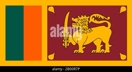 Sri Lanka : drapeau du Sri Lanka, 1972 - aujourd'hui. Le drapeau du Sri Lanka, également appelé drapeau du lion, se compose d'un lion d'or, tenant une épée dans sa patte avant droite, devant un fond pourpre avec quatre feuilles dorées de bo dans chaque coin. Autour de l'arrière-plan se trouve une bordure jaune, et à sa gauche se trouvent deux bandes verticales de taille égale en safran et en vert, avec la bande safran la plus proche du lion. Le lion représente la bravoure, et les quatre feuilles de bo représentent le méththa, le karuna, le muditha et l'upeksha. Banque D'Images