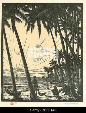 Sri Lanka/Tchécoslovaquie: 'Déréglé par la côte sud'. Illustration de T. F. Simon (1877-1942), c. 1928. Tavik Frantisek Simon (1877-1942) est un peintre tchèque, un graveur et un artiste de la coupe du bois. Bien que basé principalement en Europe, ses voyages importants l'ont conduit au Maroc, Ceylan (aujourd'hui Sri Lanka), en Inde, et au Japon, des images de tous ceux qui apparaissent dans son travail artistique. Il meurt à Prague en 1942. Largement ignoré pendant l'ère communiste en Tchécoslovaquie, son travail a reçu une plus grande attention ces dernières années. Banque D'Images