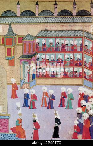 Turquie : peinture célébrant la circoncision du fils du sultan ottoman Murat III, Shezade Mehmet, en 1582. Sultan de l'Empire ottoman, Murad III (4 juillet 1546—15/16 janvier 1595) est le fils aîné du sultan Selim II (1566–74) et succède à son père en 1574. Murad commença son règne en faisant étrangler ses cinq frères plus jeunes. Son autorité a été sapée par les influences du harem, plus particulièrement celles de sa mère et plus tard de sa femme préférée Safiye Sultan. Le règne de Murad III a été marqué par des guerres avec les Safavides et les Habsbourg et par le déclin économique et institutionnel de l'Empire ottoman. Banque D'Images