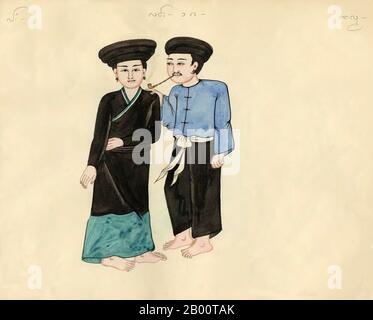 Birmanie/Myanmar: Un couple de Tai Dam en robe ethnique. Le texte de Shan les identifie comme le Lam [Tai], tout comme le birman. L'homme et la femme portent des turbans noirs, tandis que l'homme fume un tuyau. Aquarelle de la fin du XIXe siècle dessinée à la main par un artiste birman inconnu. Le nom du groupe ethnique en vedette apparaît en haut de l'image dans les textes Shan (à gauche), birman (au centre) et Khun (à droite). Le script Khun était autrefois utilisé à Kengtung/Kyaingtong dans l'est de l'État de Shan et dans LAN Na ou Lanna, dans le nord de la Thaïlande. Banque D'Images