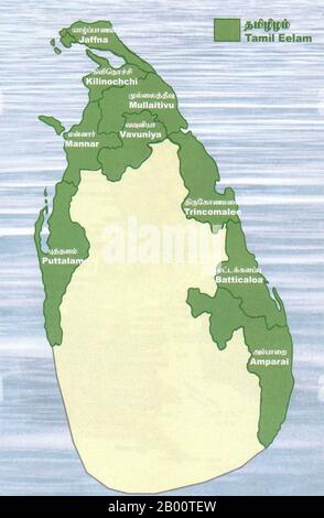 Sri Lanka: Carte LTTE montrant les frontières notionnelles de 'Tamil Eelam'. Les Tigres de libération de l'Eelam tamoul, communément appelés LTTE ou Tigres tamouls, sont une organisation séparatiste anciennement basée dans le nord du Sri Lanka. Fondée en mai 1976 par Velupillai Prabhakaran, elle a mené une violente campagne sécessionniste qui a cherché à créer l'Eelam tamoul, un État indépendant dans le nord et l'est du Sri Lanka. Cette campagne a évolué vers la guerre civile sri-lankaise, qui a été l'un des plus longs conflits armés en Asie jusqu'à ce que les LTTE soient vaincus par les forces armées sri-lankaises en mai 2009. Banque D'Images