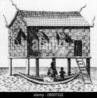 Thaïlande: Dessin d'une maison siamois simple dans la saison humide, c. 19e siècle. Fait de rotin et de bambou, le logement d'une seule pièce se dresse sur des pilotis en bois pour éviter les précipitations. Les finals sur les gables sont sculptés en bois et sont dans le style traditionnel siamois. Les Siamois, ou thaïlandais, se sont déplacés de leur maison ancestrale dans le sud de la Chine vers l'Asie continentale du Sud-est vers le Xe siècle EC. Avant cela, des royaumes indianisés comme les royaumes mon, khmer et malais dirigeaient la région. Les thaïlandais ont établi leurs propres États à partir de Sukhothai, Chiang Saen, Chiang Mai et Lanna Kingdom. Banque D'Images