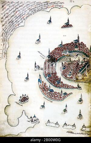 Italie : une illustration de Venise du début du XVIe siècle par l'amiral ottoman et cartographe Piri Reis (1470-1554), publié dans sa navigation "Kitab-i-Bahriye" (Livre de la Lore de mer). Pendant des siècles, Venise a été le premier partenaire commercial de l’Europe avec le Moyen-Orient et l’Empire byzantin en particulier. La puissance navale et commerciale vénitienne était inégalée en Europe jusqu'à ce qu'elle perde une série de guerres aux armées ottomanes au XVe siècle. La ville a perdu quelque 50,000 personnes à la peste noire en 1575-77, mais est restée un important centre de fabrication et un port jusqu'au XVIIIe siècle. Banque D'Images