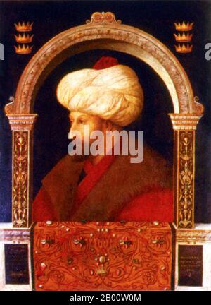 Turquie : un portrait du sultan Mehmet II (1432-81) par l'artiste vénitien Gentile Bellini (1429-1507), 1480. Mehmed II (30 mars 1432 – 3 mai 1481) ou, en turc moderne, Sultan Mehmet Fatih, connu sous le nom de Mahomet ou Mohammed II dans le début de l'Europe moderne) a été sultan de l'Empire ottoman de 1444 à septembre 1446, et plus tard de février 1451 à 1481. À l'âge de 21 ans, il conquit Constantinople, maintenant Istanbul, mettant fin à l'Empire byzantin. Sultan Mehmet Fatih a pris le pouvoir à Constantinople en 1471. Il a chargé le peintre Bellini de voyager en 1479 de Venise à la capitale turque. Banque D'Images