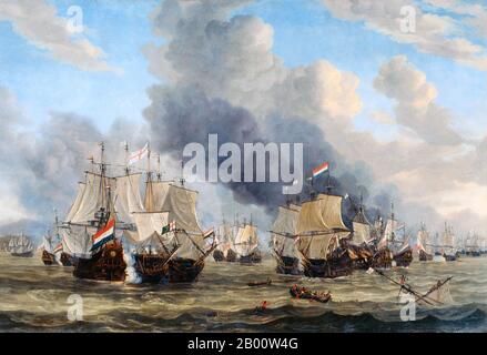 Italie/pays-Bas: 'La bataille de Livourne (14 mars 1653)'. Peinture à l'huile sur toile par Reinier Nooms (1623-1664), c. 1653-1664. La bataille navale de Leghorn (l'appel néerlandais la rencontre par le nom italien Livourne) a eu lieu le 14 mars (4 mars Old style) 1653, pendant la première guerre anglo-hollandaise, près de Leghorn (Livourne), Italie. C'était la victoire d'une flotte hollandaise sous le Commodore Johan van Galen sur un escadron anglais sous le capitaine Henry Appleton. Par la suite, une flotte anglaise sous la direction du capitaine Richard Badiley, que Appleton avait tenté de rejoindre, est venue mais a été surnumérotée et a fui. Banque D'Images