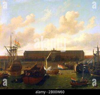 Pays-Bas : « The Dock of the Dutch East India Company at Amsterdam ». Peinture à l'huile sur toile par Ludolf Bakhuizen (1630-1708), 1696. Ludolf Bakhuizen (ou Backhuysen) (du 28 décembre 1630 au 17 novembre 1708) est un peintre hollandais né en Allemagne, à l'âge d'or, qui fut le principal peintre hollandais de sujets maritimes après le départ des deux Willem van de Veldes (père et fils) pour l'Angleterre en 1672. Banque D'Images