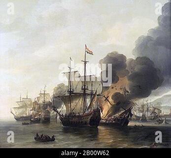 Maritime: 'La bataille de Leghorn, 4 mars 1653'. Peinture à l'huile sur toile par Willem Hermansz van Diest (c. 1600-1678), milieu du xviie siècle. La bataille navale de Leghorn (l'appel néerlandais la rencontre par le nom italien Livourne) a eu lieu le 14 mars (4 mars Old style) 1653, pendant la première guerre anglo-hollandaise, près de Leghorn (Livourne), Italie. C'était la victoire d'une flotte hollandaise sous le Commodore Johan van Galen sur un escadron anglais sous le capitaine Henry Appleton. Par la suite, une flotte anglaise sous la direction du capitaine Richard Badiley, que Appleton avait tenté de rejoindre, est venue mais a été surnumérotée et a fui. Banque D'Images