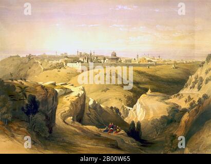 Palestine/Israël: «Jérusalem du Mont des oliviers». Lithographie de couleur par David Roberts (1796-1864), c. 1840. David Roberts RA (1796-1864) était un peintre écossais. Il est particulièrement connu pour une série prolifique de gravures détaillées de l'Égypte et du proche-Orient qu'il a produites au cours des années 1840 à partir de croquis qu'il a faits pendant de longues tournées de la région (1838–1840). Cette œuvre, et ses grandes peintures à l'huile de sujets similaires, en font un peintre orientaliste éminent. Il a été élu académicien royal en 1841. Banque D'Images