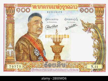 Laos : le roi Sisavang Vong (ou Sisavangvong) (1885-1959) sur un billet de banque de 100 kip de 1957. Sisavang Phoulivong (ou Sisavangvong) (14 juillet 1885 - 29 octobre 1959), fut roi de Luang Phrabang et plus tard le Royaume du Laos du 28 avril 1904 jusqu'à sa mort le 20 octobre 1959. Son père était le roi Zakarine et sa mère était la reine Thongsy. Il a fait ses études à Lycée Chasseloup-Laubat, Saigon, et à l'École coloniale de Paris. Il était connu comme un roi 'playboy' avec jusqu'à 50 enfants par 15 épouses. Banque D'Images