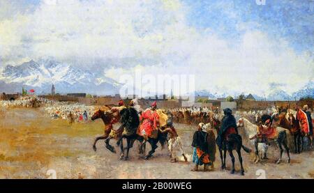 Maroc: 'Poudre Play, ville du Maroc à l'extérieur des murs'. Peinture à l'huile sur toile par Edwin Lord Weeks (1849-1903), c. 1880-1882. Edwin Lord Weeks (1849 – 1903), artiste et orientaliste américain, est né à Boston, Massachusetts, en 1849. Il fut élève de Léon Bonnat et de Jean-Léon Gérame, à Paris. Il a fait de nombreux voyages à l'est, et a été distingué comme un peintre de scènes orientales. Les parents de Weeks étaient des marchands aisés d'épices et de thé de Boston et, à ce titre, ils ont pu accepter, probablement encourager et certainement financer l'intérêt de la jeunesse de leur fils pour la peinture et les voyages. Banque D'Images