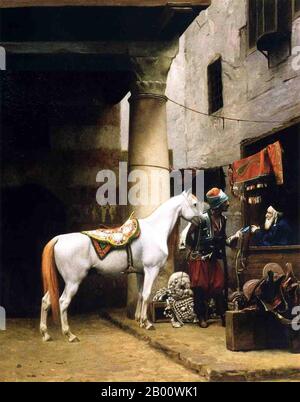 Égypte : « le Saddle Bazaar, le Caire ». Peinture à l'huile sur toile par Jean-Leon Gerome (1824-1904), 1883. Jean-Léon Gérame (11 mai 1824 – 10 janvier 1904) est un peintre et sculpteur français dans un style aujourd'hui connu sous le nom d'académicien. La gamme de son œuvre comprenait la peinture historique, la mythologie grecque, l'orientalisme, les portraits et d'autres sujets, ce qui a permis à la tradition artistique de la peinture académique d'atteindre un point culminant. Banque D'Images