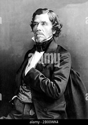 France : Eugène Delacroix (1798 – 1863), photographié par Félix Nadar (1820-1910), 1858. Ferdinand Victor Eugène Delacroix (26 avril 1798 – 13 août 1863) est un artiste romantique français considéré dès le début de sa carrière comme le chef de l'école romantique française. L'utilisation de coups de pinceau expressifs par Delacroix et son étude des effets optiques de la couleur ont profondément façonné l'œuvre des impressionnistes, tandis que sa passion pour l'exotique a inspiré les artistes du mouvement Symboliste. Banque D'Images